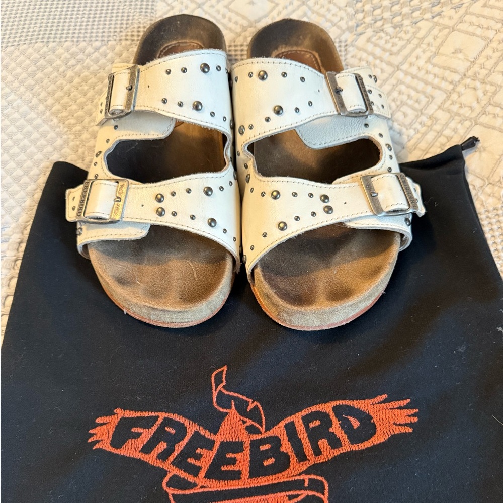 freebird White Studded Double Buckle Slide Sandals